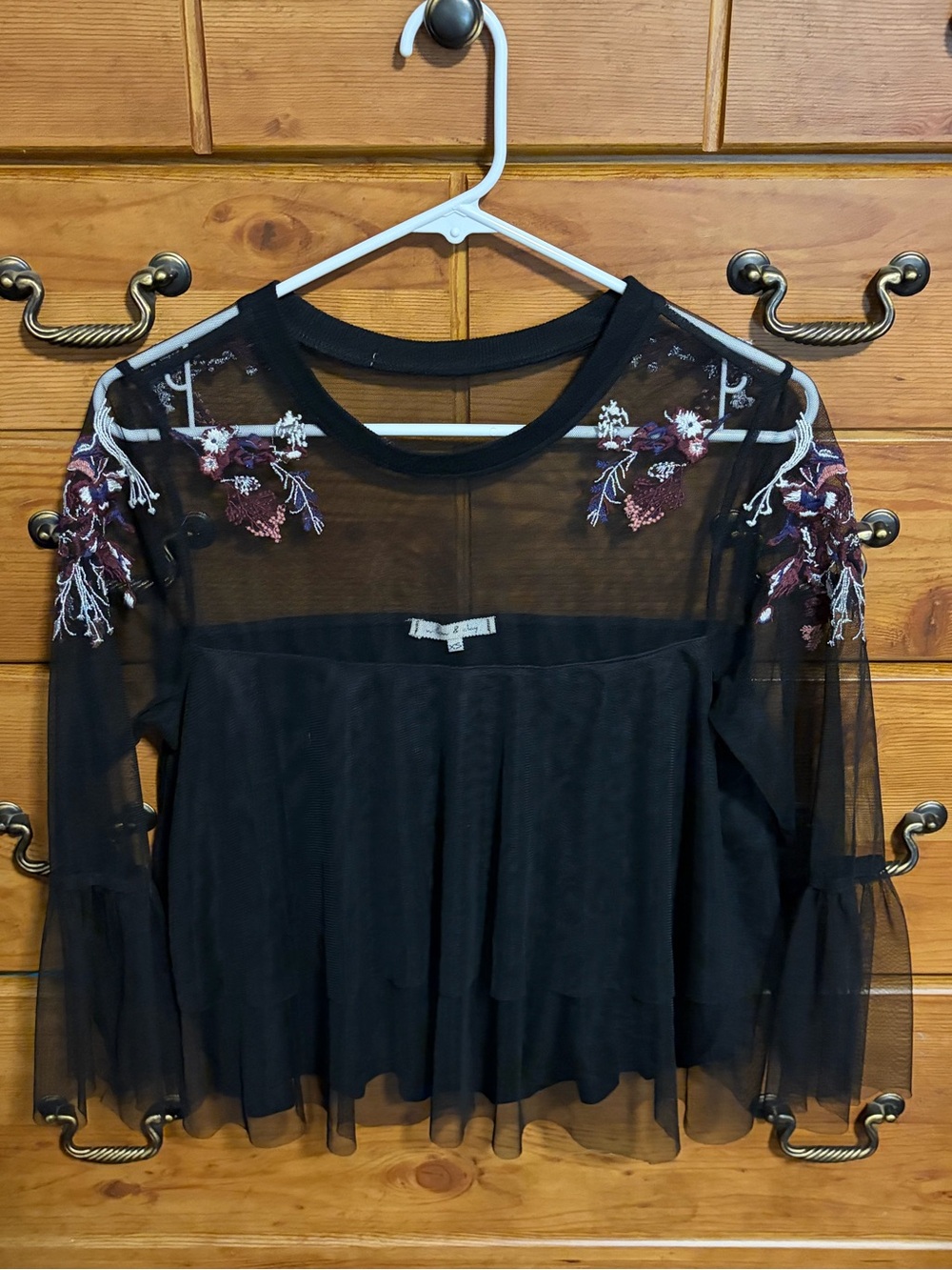 Willow & Clay Black Sheer Mesh Top with Floral Embroidery